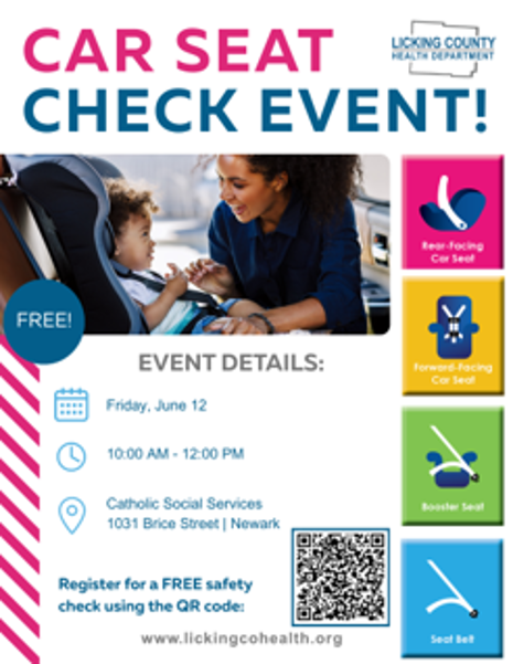 LickingHealth's tweet photo. In need of a car seat check? The Licking County Health Department will be at Catholic Social Services providing free car seat checks for families at its Little Blessings Resource Fair on June 12th. Register for a car seat check here: https://t.co/ltIF59hkNi or scan the QR code below.