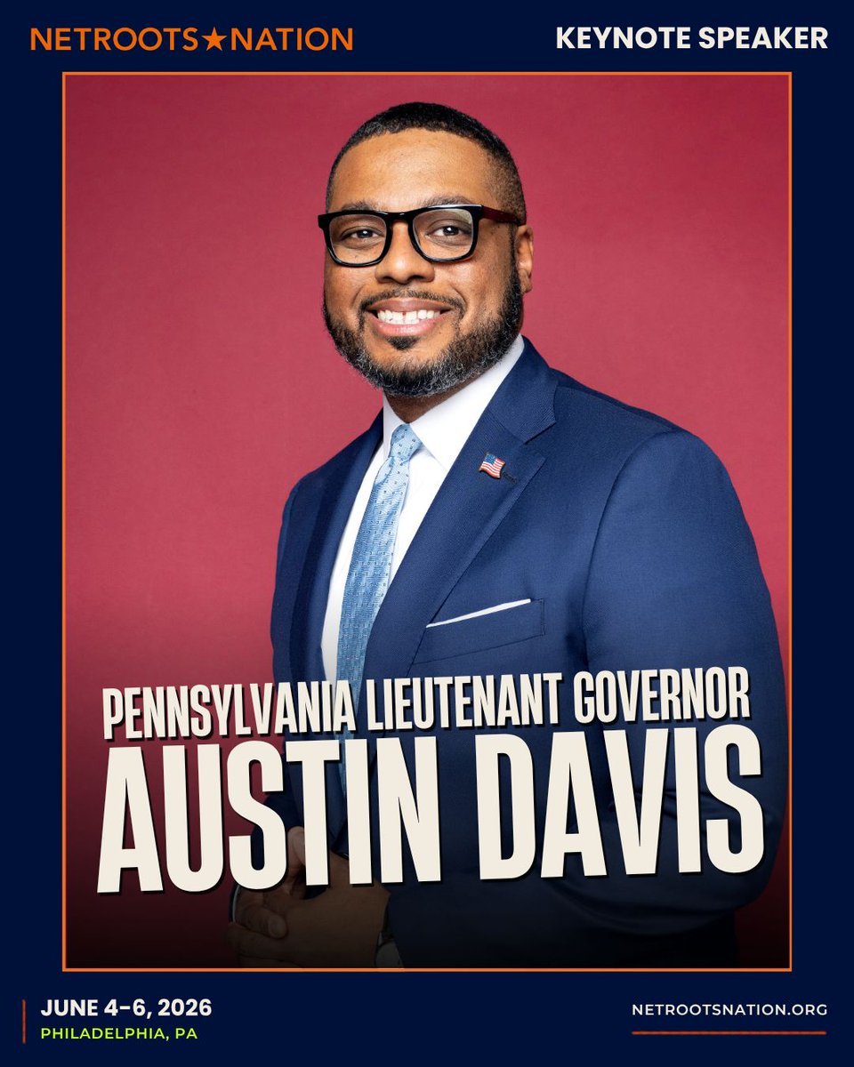 Netroots_Nation's tweet photo. .@AustinDavisPA will be a keynote speaker at #NN26!

As the first Black lieutenant governor in Pennsylvania's history and a leading voice for working families, young people, and communities too often left out of power, he brings the perspective and leadership this moment demands. https://t.co/kmgDiTohka