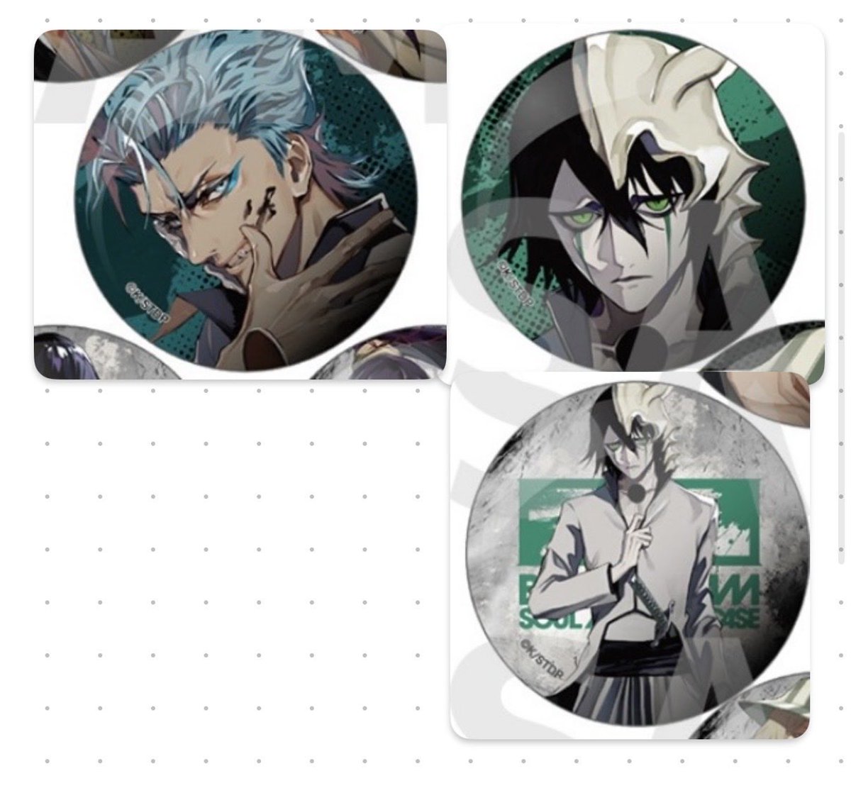 MHloveYI's tweet photo. 【交換】BLEACH × LAN 缶バッジ 

(譲)一護、恋次、夜一、砕蜂、剣八

(求)グリムジョー、ウルキオラ 
※画像2枚目

郵送での交換になります、お気軽にお声掛けください。 https://t.co/aOFJYh8bTc
