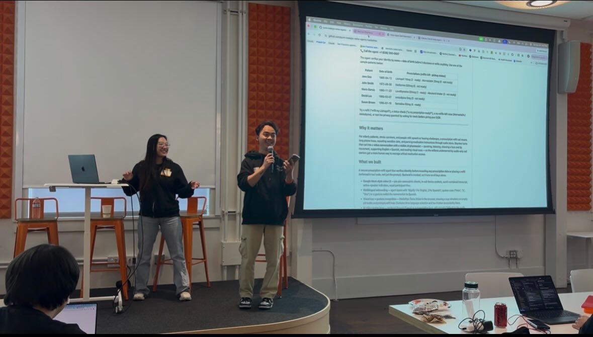 quiet_node's tweet photo. Now done with YC Voice Agents Hackathon. ~200 builders in one room, and I loved it.

Teamed up with @vikang_official on a voice AI agent for pharmacy calls. Picked it because it's a problem I have, medication names are genuinely hard to pronounce. Victoria brought the other half: elderly patients, stroke survivors, anyone a normal phone call leaves behind.

9 hours later we shipped it. Call it on a real number, or hop on a video call where it reads objects you hold up, like a pill bottle. Verifies your identity, handles refills, English or Spanish.

The part I'm proud of: it improves itself. Cekura evals score the agent, a coding agent fixes what fails, opens a PR, redeploys, and Cekura reruns to confirm. Finds its own weak spots and closes them.

Real highlight though was watching Victoria work. 3 Claude sessions had me maxed out. She had 9 going, Opus 4.8 and GPT-5.5 firing everywhere, never dropping a thread. Couldn't have shipped without her.

We didn't win. Don't mind at all.

Walked away with a product I'm proud of, a new friend who's a phenomenal builder, a stack of new connections, and a reminder to just keep walking up to strangers until something clicks.

Here's to many more hackathons.

URLs bellow