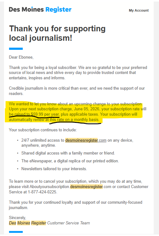 JeffCityMack's tweet photo. @DMRegister your billing is a bait &amp;switch. I subscribed for $19.99/yr, now it's tripling? And is it $59.99/yr or month? Your customer service team is unequipped to handle this issue and lied about handling it. Cancelling my subscription instead of fixing. This is ridiculous. https://t.co/6l4sTgH7dV
