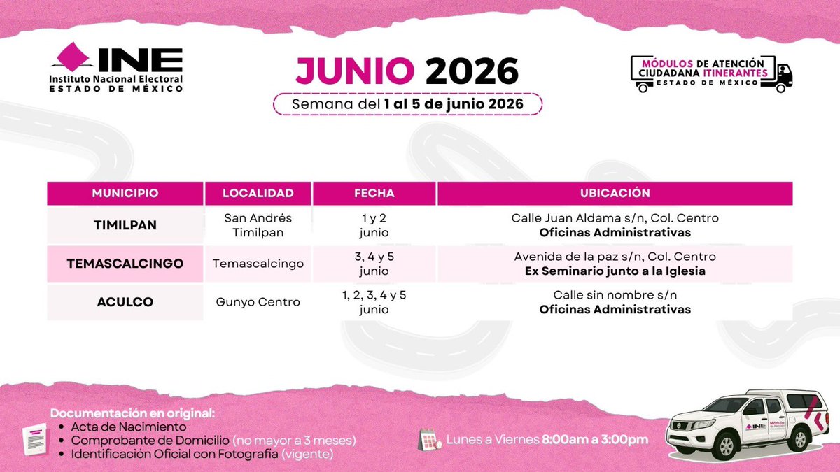 INEedomex's tweet photo. (1/3)

📢 Atención ciudadanía. 

Conoce las fechas y horarios donde estarán los Módulos de Atención Ciudadana Itinerantes del @INEedomex🚚.

🗓️ Semana del 1 al 5 de junio de 2026. https://t.co/T4xzCERxMj