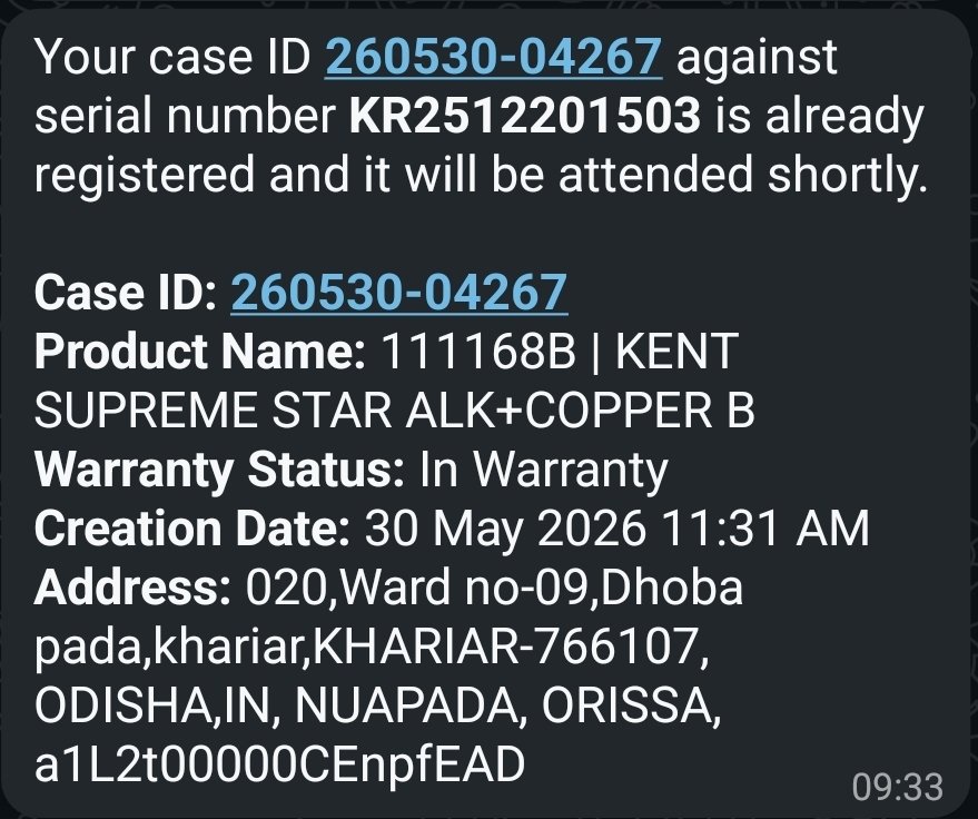 Sonalp8m's tweet photo. @KentROOfficial Extremely disappointed with your service. Bought a Kent RO to ensure my family's health, but all we’ve got is constant breakdowns and terrible support.

​Requesting immediate escalation and resolution.
 Case ID: 260530-04267
 #KentRO #ConsumerComplaint https://t.co/EIJ44IbTRc