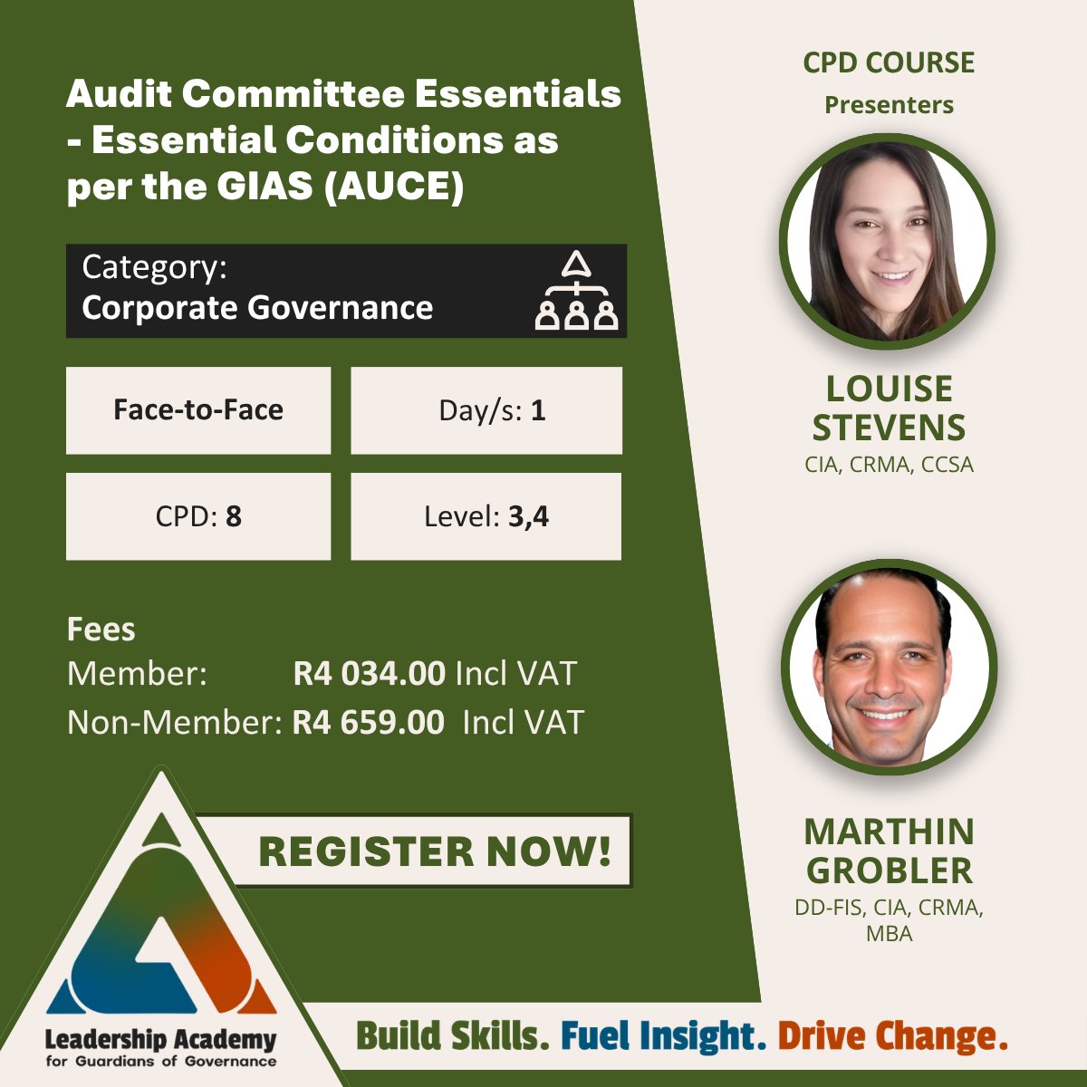 LeadershipAca's tweet photo. In an era defined by the new Global Internal Audit Standards, the functional responsibilities of the audit committee are more critical than ever. This course, "Audit Committee Essentials," is designed to explore what is expected of oversight over internal audit, focusing specifically on the essential conditions outlined in Domain III of the new Standards. You will learn how to align the committee's duties with its terms of reference and ensure it provides effective governance that supports a high-performing internal audit function.

Date: 23 June 2026
Location: Definitive Conferencing, Cnr Definitive Lane & Kruin Streets, Harmelia, Isando, Gauteng
CPD Hours: 8

Learn more and register here: https://t.co/ZdjEhDBzh2
#CPD #GoodGovernance #LeadershipAcademy