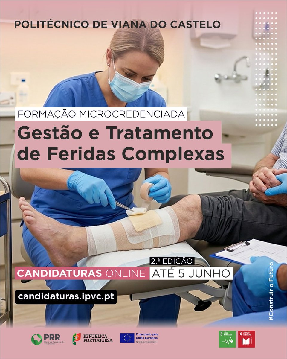 ipvc_twit's tweet photo. Estão abertas as candidaturas à 2.ª Edição da formação microcredenciada do IPVC em Gestão e Tratamento de Feridas Complexas.

📅 𝐂𝐚𝐧𝐝𝐢𝐝𝐚𝐭𝐮𝐫𝐚𝐬 𝐚𝐭é 𝟓 𝐝𝐞 𝐣𝐮𝐧𝐡𝐨
👉 https://t.co/c9sNbOqLzv

Saiba mais 👇
https://t.co/sqdoQSeFWq 

IPVC o teu ⚫️ de partida! https://t.co/C3wc8CyJCR