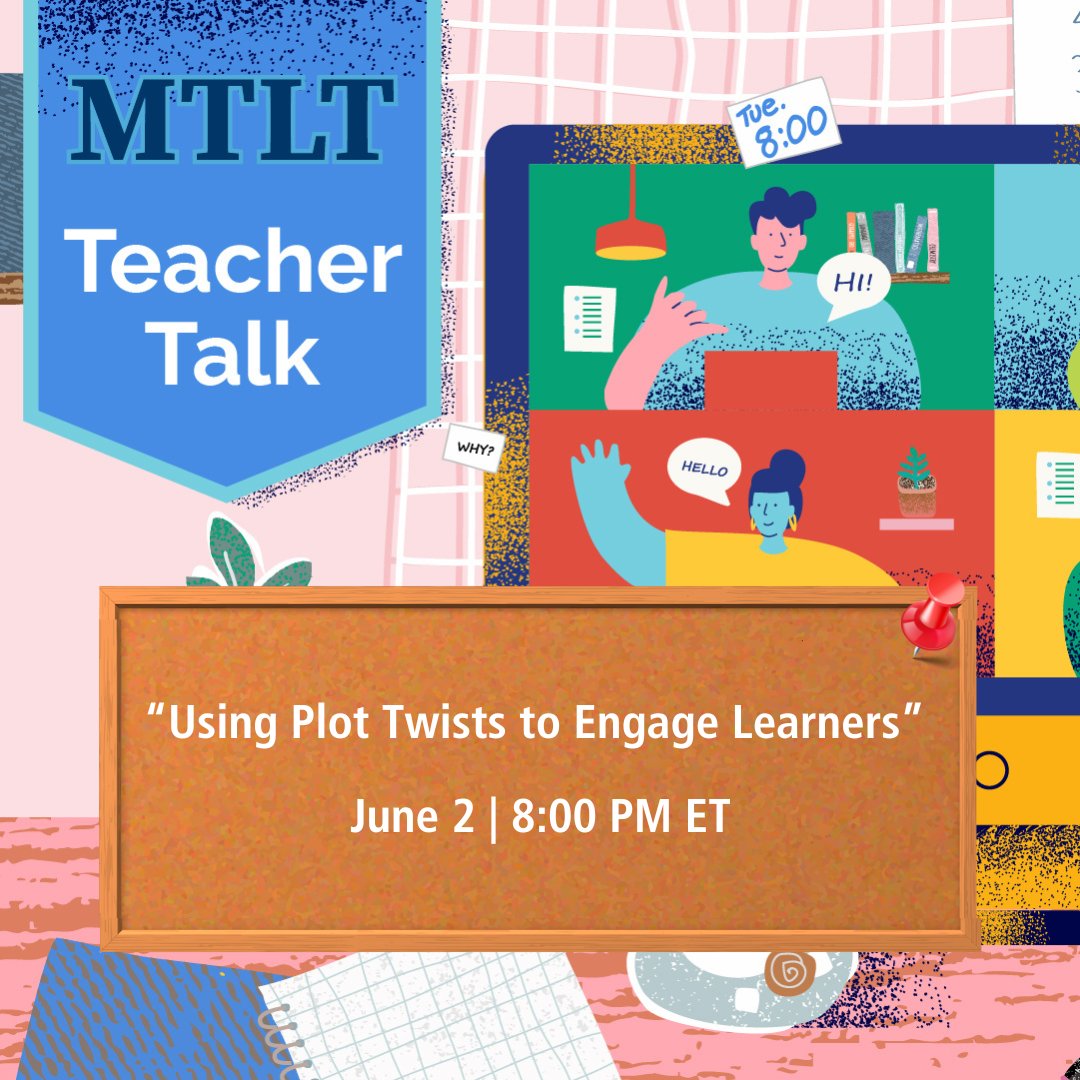 NCTM's tweet photo. TOMORROW: Join the next MTLT Teacher Talk as we explore Using Plot Twists to Engage Learners, a legacy article that challenges us to think about #mathematics lessons as stories.

Free and open to all! Sign up: https://t.co/731sjKCzrd https://t.co/Eu0vykBhVC