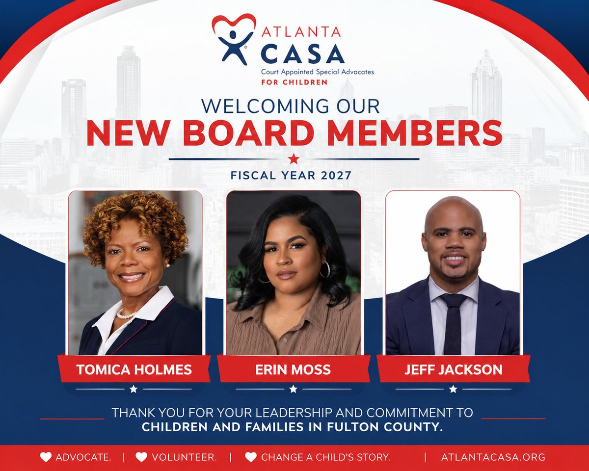 ATLCASA's tweet photo. It's a new month and our new fiscal year is almost here! Please join us in warmly welcoming our newest board members for FY2027 - Tomica Holmes, Erin Moss, and Jeff Jackson. https://t.co/njnRFqZ79P