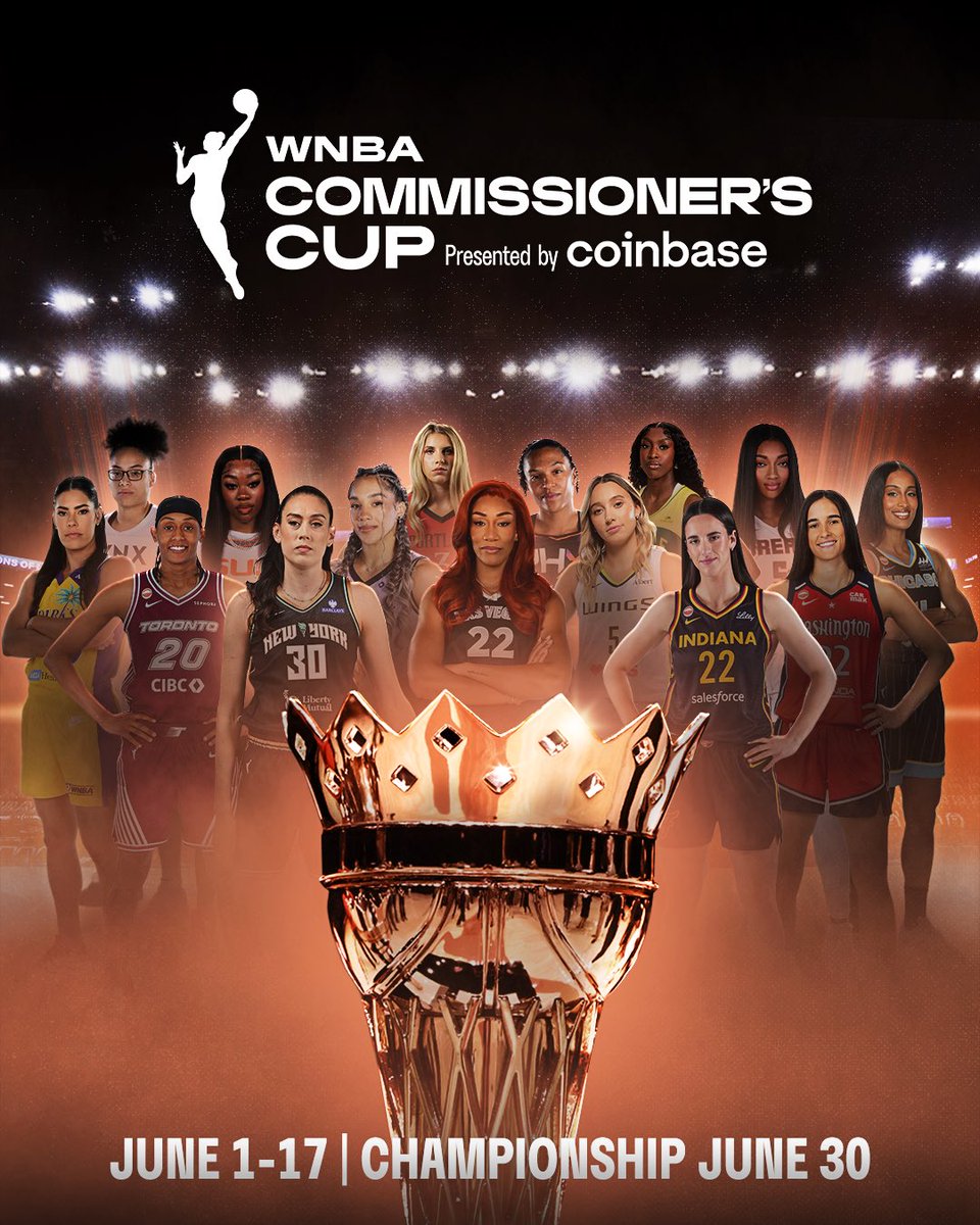 WNBA's tweet photo. ALL EYES ON THE CUP 🏆

Each team battles through conference play from June 1–17 for a chance to compete in the Championship on June 30.

Every game counts. Every win matters.

2026 WNBA Commissioner's Cup presented by @coinbase https://t.co/2ysa17MwtC
