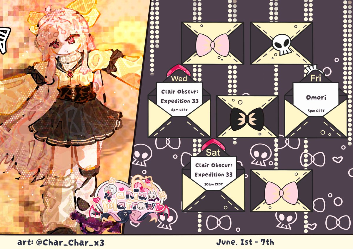 PaniaMarrow's tweet photo. 💀Stream Schedule🎀
June 1st - 7th
Art: #paniarts
Clips: #paniclip https://t.co/8drmiqyNkw