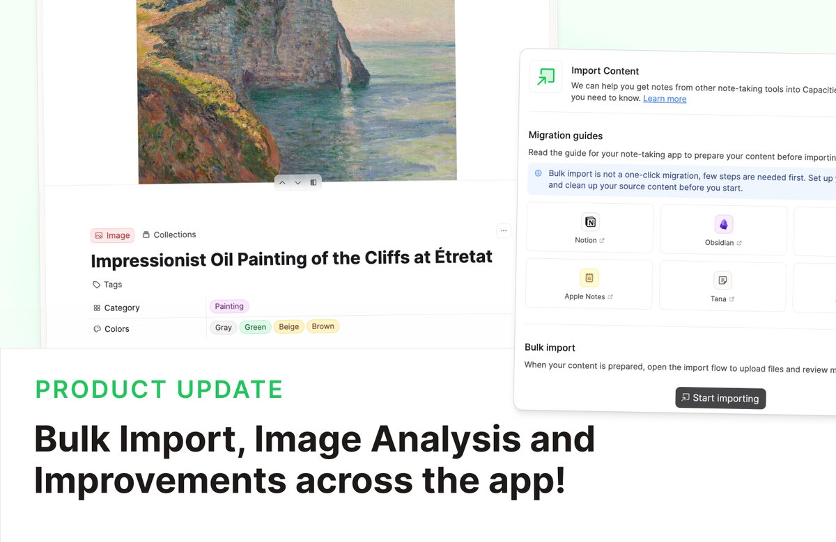 CapacitiesHQ's tweet photo. A big update today! 🚀

📥 Bulk Import for Everyone

Everyone can now bulk import Markdown, CSV, ZIP, and media files!

Review your source files, set up the object types you need, then run the importer and check everything before it lands in your space. ✨ https://t.co/WWzr6xwXqM