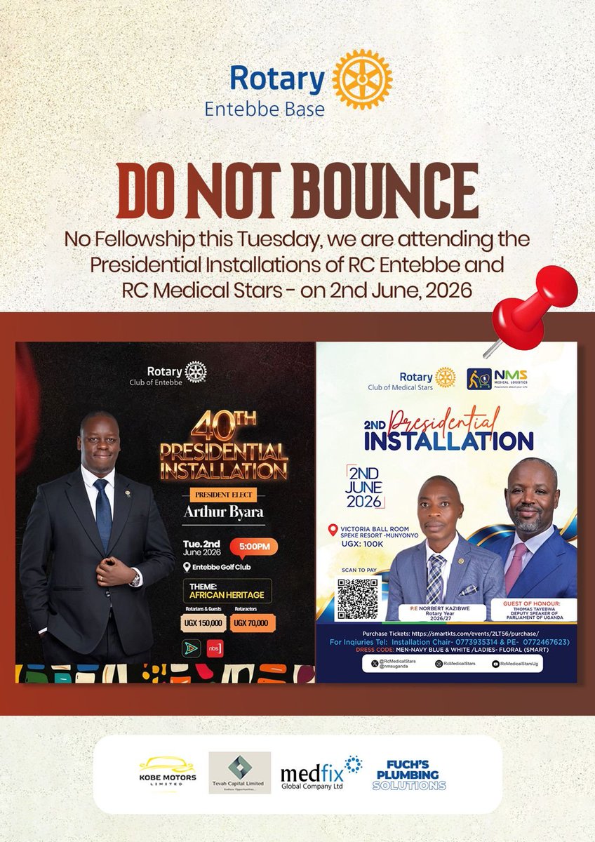 RcEntebbeBase1's tweet photo. DO NOT BOUNCE AT ENTEBBE BASE🚨  

This Tuesday, 2nd June 2026, we’re showing up for family!  

👑 Mother Club: RC Entebbe – Installation at Entebbe Golf Club

🤝 Sponsor Club: @RcMedicalStars   – Installation at Speke Resort Munyonyo 

Entebbe Base turns up for  family! https://t.co/LZDqmjOBow