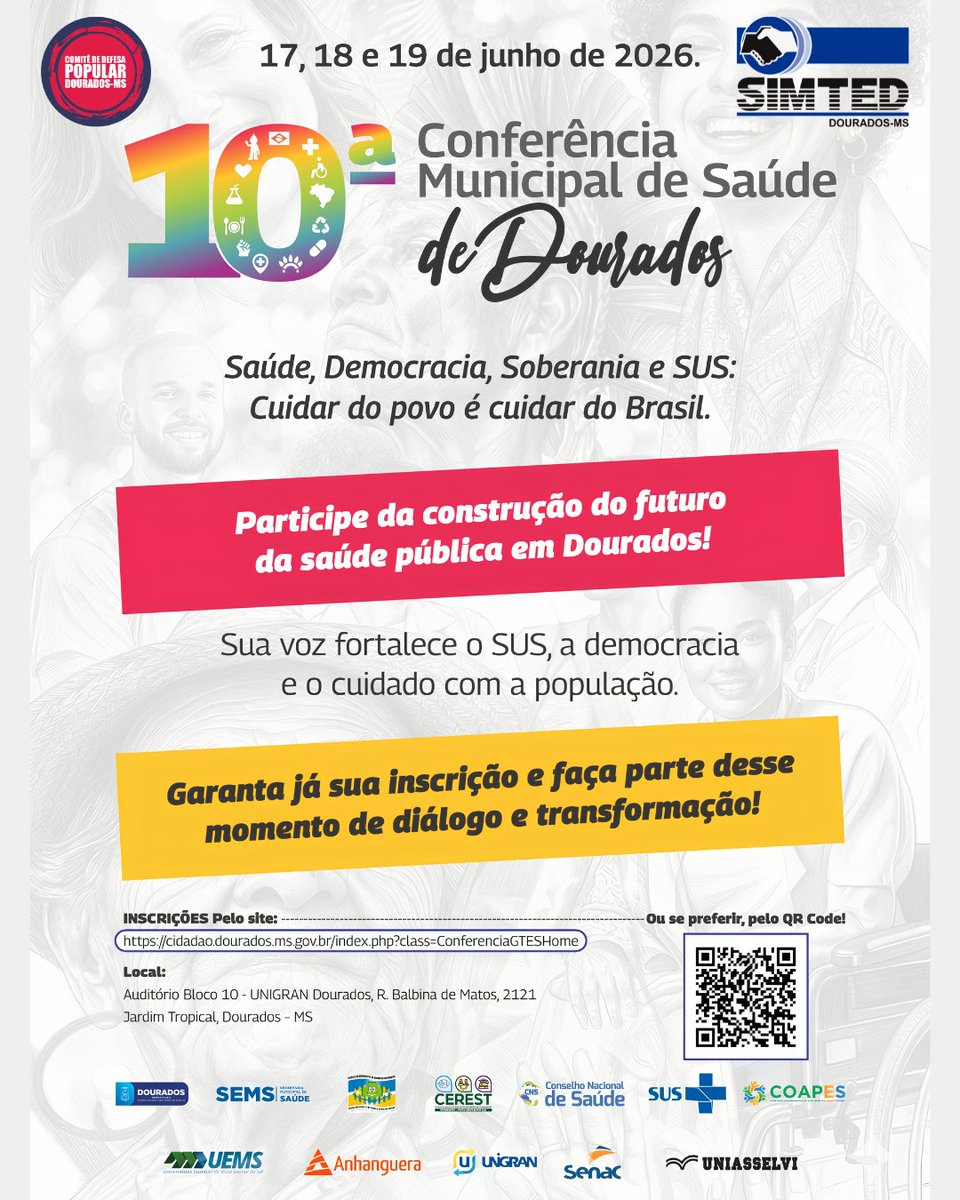 simteddourados's tweet photo. Pré-Conferência 
“Lideranças Sindicais e Trabalhadores”
📢 Inscrições abertas para a 10ª Conferência Municipal de Saúde de Dourados!
⚠️ Vagas limitadas: apenas 300 participantes!
📝 Garanta agora sua inscrição:
https://t.co/6rhsvQ0FuE
✊ Participe! https://t.co/IYgKPWrlaO
