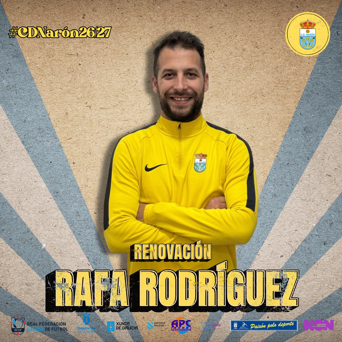 CDNaron's tweet photo. 💥 Rafita Rodríguez seguirá sendo o adestrador do primeiro equipo.

✍🏼 Asina así a renovación do seu compromiso co #CDNaron 

Toda unha vida ligada ao noso clube, sendo unha peza chave para a familia amarela 🐣

¡Seguimos Rafa! https://t.co/zVA2enFR3C