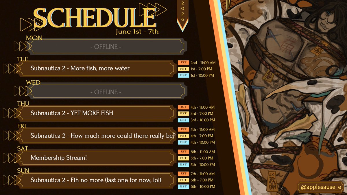 josuijishinri's tweet photo. 🏹Schedule!🎏
📆6/1 - 6/7
🌆 11am Japan | 7pm PDT | 10pm EDT |

Oops all fishes week. Gonna ride out my obsession with Subnautica2 and see if i can burn myself out of it by the end of the week so we can go do some other stuff, lmao https://t.co/dPntm1EX9k