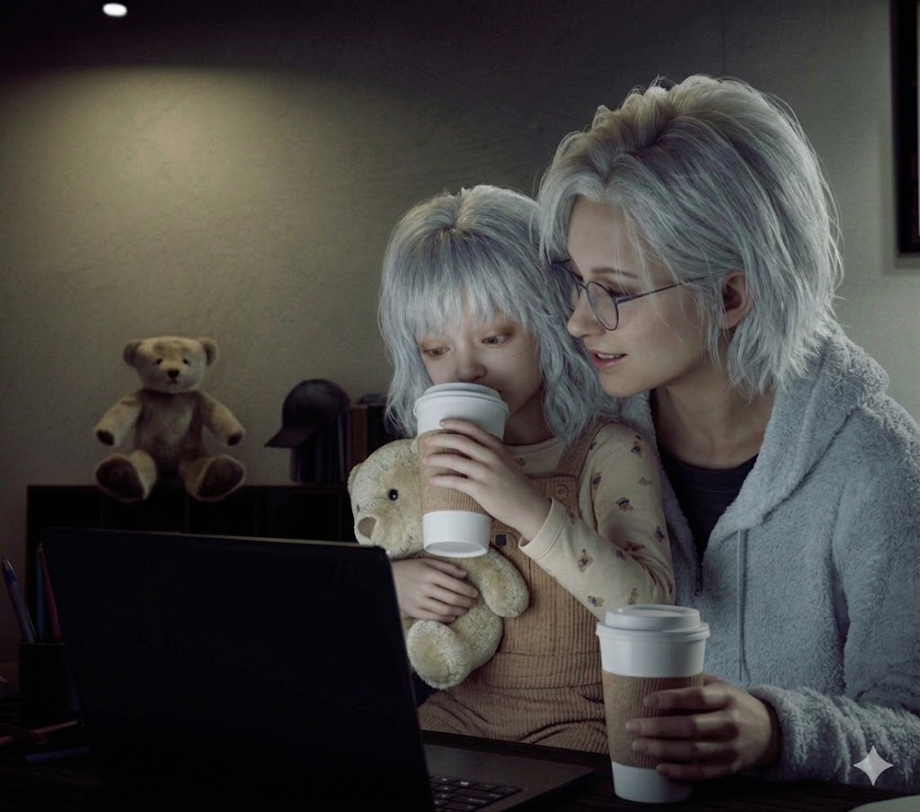 NgaousAmdjed's tweet photo. Emily enjoys sitting on Grace's lap while she's working, and when she notices her mother is so focused on work, she takes a sip from her coffee cup, which makes Grace melt by her cuteness and kisses her cheek 🥺🥹
#Emily #GraceAshcroft #ResidentEvil9Requiem https://t.co/zRFLN59XCR