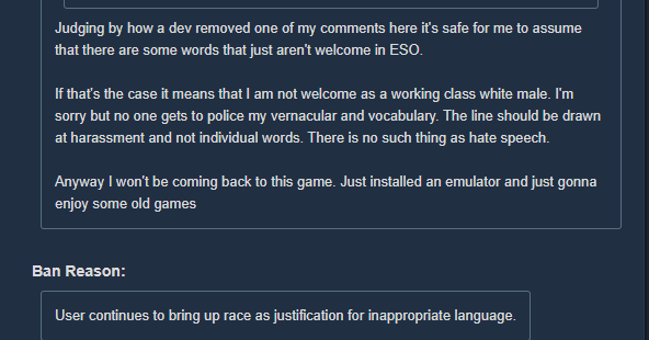 KiefRay's tweet photo. Got a 13 week ban on steam for this message.  No swearing or slurs at all.

Even when I try to change and be a better person, talk about things in a neutral and respectful tone I am still heavily censored and oppressed online.

I did nothing wrong @Steam, unban me https://t.co/iiY9RVNnXu