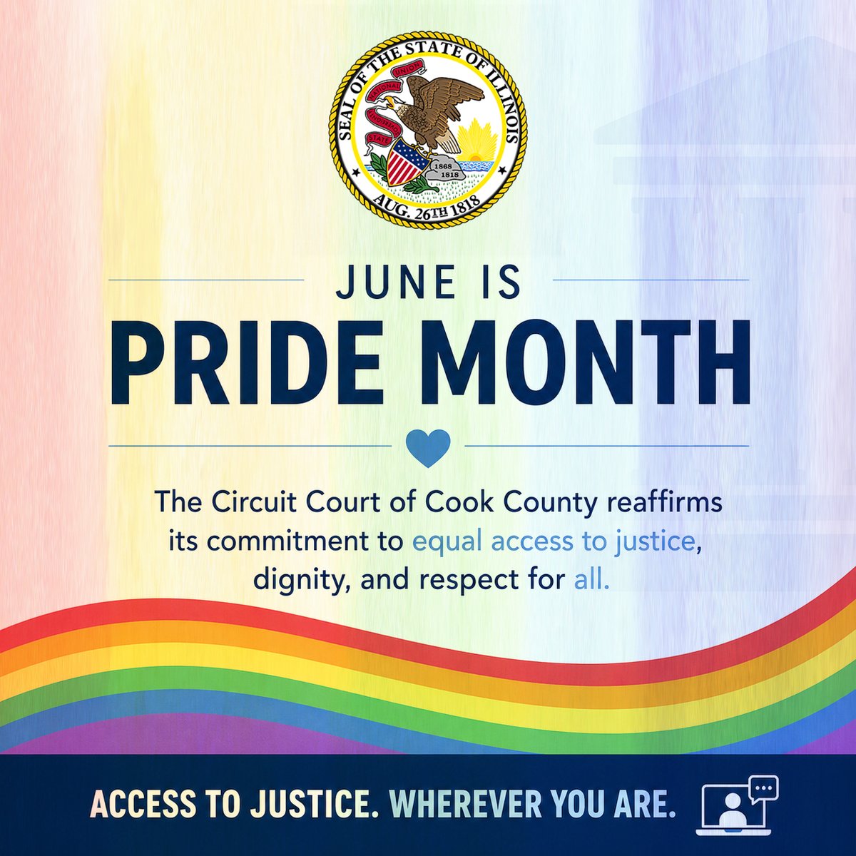 CookCoCourt's tweet photo. This June, the Circuit Court of Cook County recognizes Pride Month and reaffirms its commitment to equal access to justice for all members of the public. https://t.co/Tztm2Bkv8g