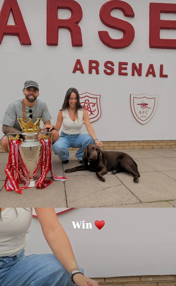 ArsenalRadar's tweet photo. David Raya with his wife Tatiana Trouboul and Win, the dog. ❤️🏆 #afc https://t.co/l91gQXNxgv