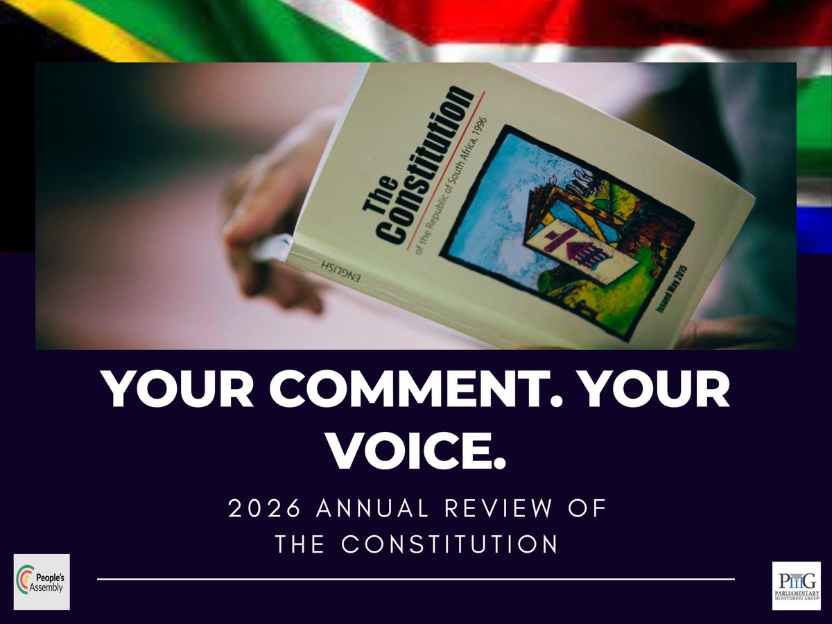 PMG_SA's tweet photo. The Constitutional Review Committee is calling for public input on the annual review of the Constitution. Make your voice count in shaping the future of our democracy

📅 Deadline for written submissions: 6 July 2026

#7thParliament #Constitution

https://t.co/BB8F0eGKhS https://t.co/DcyB9RRVjh