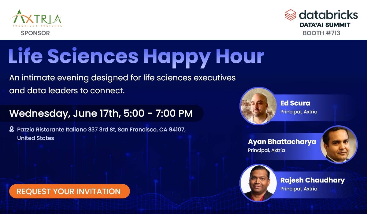 Axtria's tweet photo. Heading to Databricks Data + AI Summit 2026? Axtria invites you to an exclusive, invitation-only evening bringing together life sciences executives and data leaders to exchange perspectives on how AI-powered analytics is reshaping commercial strategy.

🍷 Life Sciences Happy Hour (Invitation Only)
📅 Wednesday, June 17
⏰ 5:00 – 7:00 PM ET
📍 Pazzia Ristorante Italiano

Designed as an intimate forum for peer-to-peer dialogue, the evening will focus on how AI-driven insights are transforming decision-making and commercial outcomes in pharma.

🔗 Request your invite:

https://t.co/47dDvNlg1L

#LifeSciences #PharmaLeadership #Databricks #LifeSciencesAI