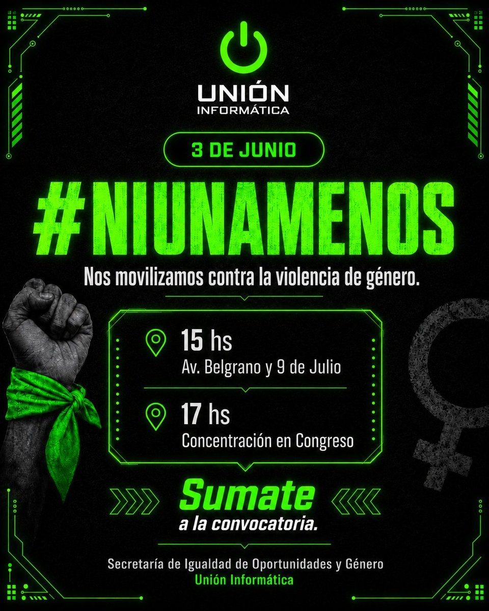 unioninf's tweet photo. 3 de junio | #NiUnaMenos
Desde la Secretaría de Igualdad de Oportunidades y Género de Unión Informática adherimos a la convocatoria contra la violencia de género.

📍 15 hs — Av. Belgrano y 9 de Julio
📍 17 hs — Concentración en Congreso

Sumate a la convocatoria.
#NiUnaMenos #UniónInformática #VivasNosQueremos #ViolenciaDeGénero