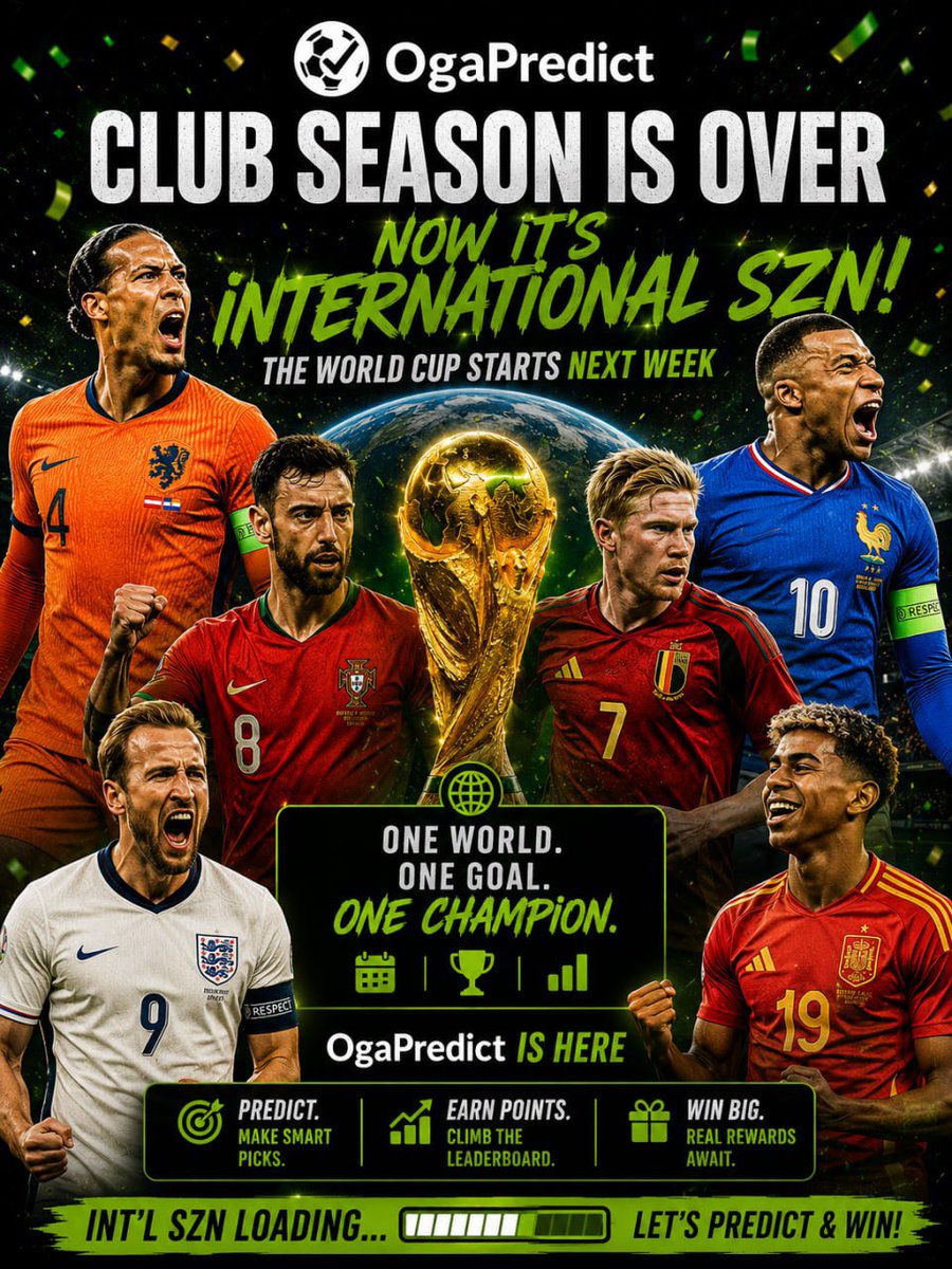 ogapredict's tweet photo. Club season 🤝 done

Time for International Football 🌍⚽️

June is a fresh race on OgaPredict:

🏆 Enter challenges (₦10,000 WEEKLY)
🎟 Generate tickets
💬 Comment on live matches
👥 Refer friends
📈 Earn points

June's ₦30,000 leaderboard prize is up for grabs 👀

The World Cup is coming.🌎

Start climbing.

🌐 Link in bio