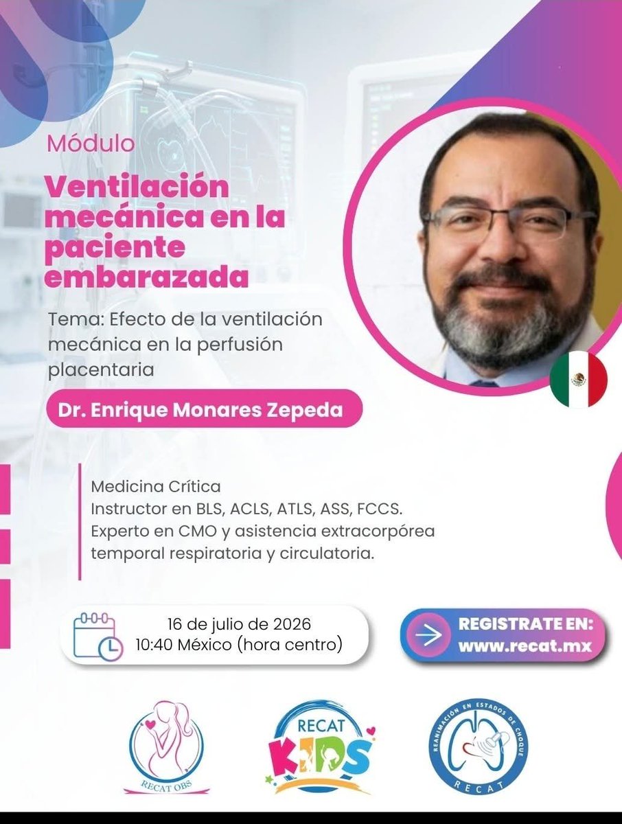 LeslieMegom's tweet photo. 📣📣Ven y asiste a RECAT OBS Y KIDS 📣📚 en línea. 🎥🫁🫀🧠
👨🏻‍⚕️Tenemos el honor de presentar a Dr.Enrique Monares Zepeda.
📚Tema : Efectos de la Ventilación Mecánica en la perfusión placentaria.🤰🏿🫁 
👨🏻‍⚕️👩🏻‍⚕️Conoce nuestro programa ‼️
👇🏽👇🏽👇🏽
https://t.co/jfDDJbt7tj
🔴Puntos Consejo Medicina Crítica: 
 CMMC/AC/2026 -20
▪️Valor curricular 30 puntos, par8a el proceso recertificación.
🟣 Puntos Consejo de Anestesiología:
▪️Valor curricular 10 Puntos 
🔰 Reanimación en Estados de Choque: enfoque transdisciplinario
🩺 3 días intensivos de actualización médica continua 
📌 Puntos de Consejo en trámite (aplicable en México)
🎥 Acceso 35 días adicionales para volver a ver todas las charlas
🎁 Descuento del 15%  RECAT
🤗Aprovecha!!
🏷Código Descuento: TEMPORADARECAT26
⏰ Válido hasta el 30 de Junio 2026
💻 https://t.co/Jgq3O2L7MK
📲 SOLO  WhatsApp .
(+52) 55 1200 3450
✨ Te esperamos ‼️