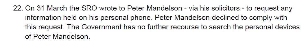 StarmertheFraud's tweet photo. So the new Mandelson files don't include anything from Mandelson's own personal device - because he refused to hand it over to the government for searching. 
Of course, McSweeney's phone was stolen after he'd selected only a handful of messages to turn over to the Cab Office https://t.co/b5yySXCM6a