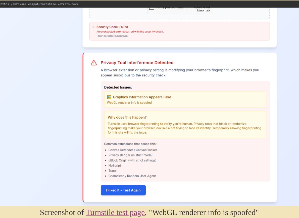 ddavidddev's tweet photo. uBlock Origin. Privacy Badger. NoScript. all of them now make Cloudflare Turnstile think you're a bot. the suggested fix is to just turn your privacy extensions off. good deal all around. https://t.co/h47RfWGzhY