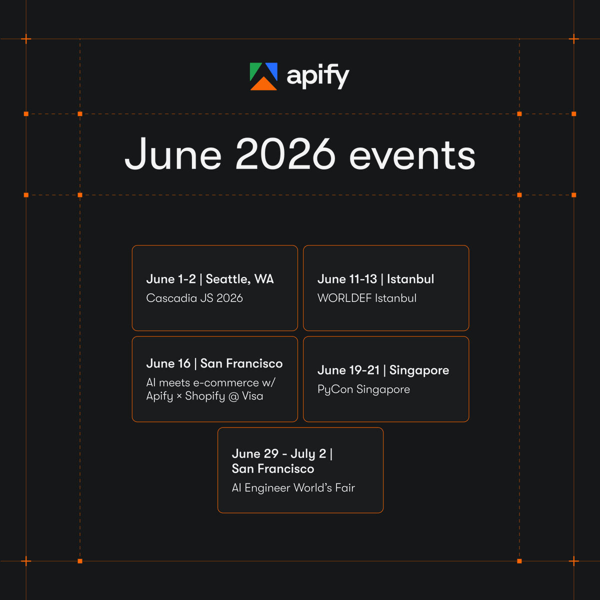 apify's tweet photo. 📅 June is packed with events where the Apify team will be speaking, demoing, and connecting with the community. From Seattle to Istanbul 👇 https://t.co/QgGoGZ5cS6