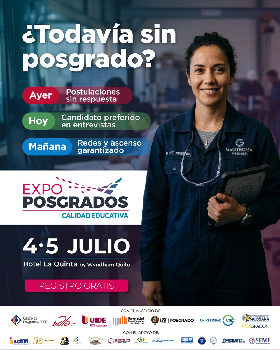 ESEMF's tweet photo. ¿Todavía sin posgrado?

La actualización profesional es cada vez más importante en un mercado laboral competitivo.

📍 4 y 5 de julio
📌 Hotel La Quinta by Wyndham Quito, Av. Los Shyris y El Comercio

🎟 Registro gratuito

Más información:
https://t.co/fYNa7bLzJk https://t.co/CLe6ZiTjzr