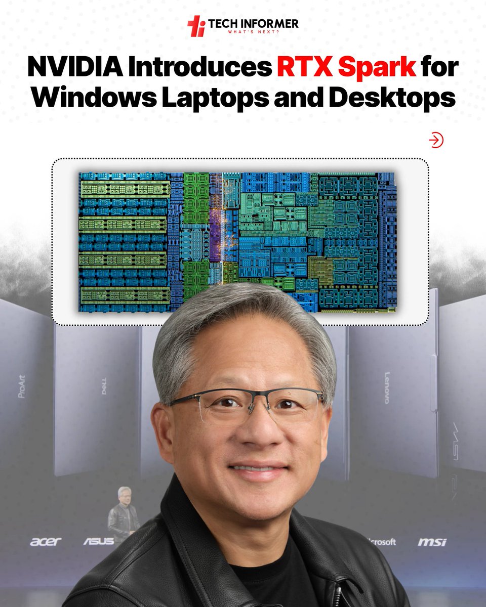 Tech_Informer_'s tweet photo. NVIDIA has unveiled RTX Spark, a new AI-focused chip platform for Windows PCs. The company claims it is the most efficient PC chip ever built and says it will power a new generation of AI-first laptops and desktops from brands including ASUS, Dell, HP, Lenovo and others. https://t.co/RV2uLd4aek
