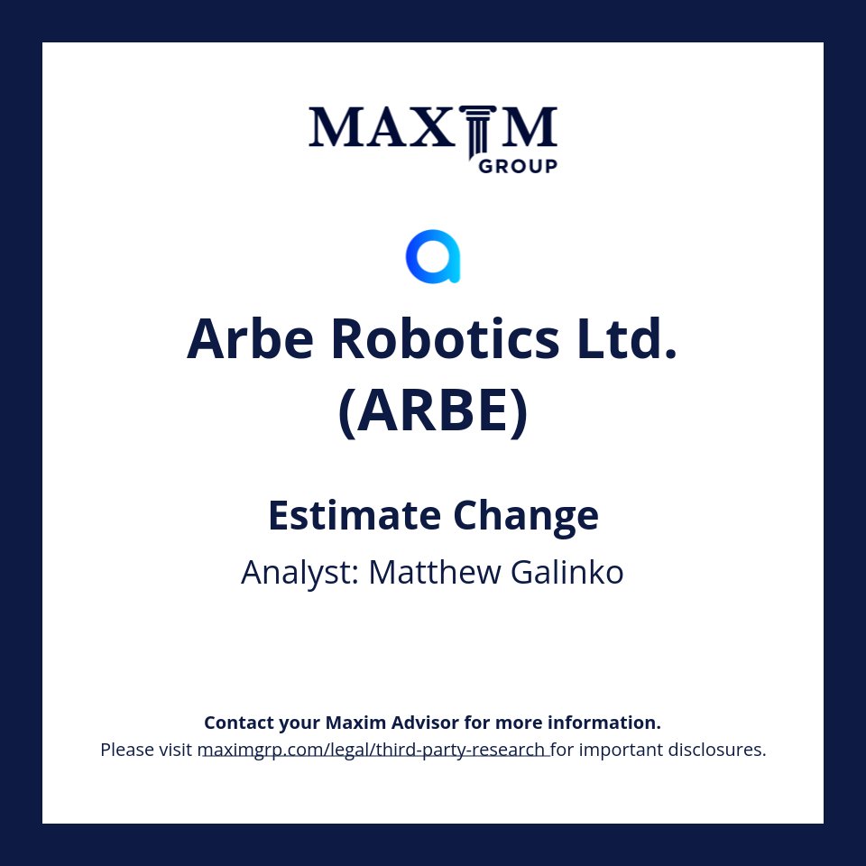 MaximGrp's tweet photo. Please email: rep@maximgrp.com To receive: Maxim Group - Morning Minutes / Maxim Group - Equity Research 

Arbe Robotics Ltd. $ARBE covered by Matthew Galinko

Visit https://t.co/s7xLi34zcH for important disclosures https://t.co/xHsau2u2Sx