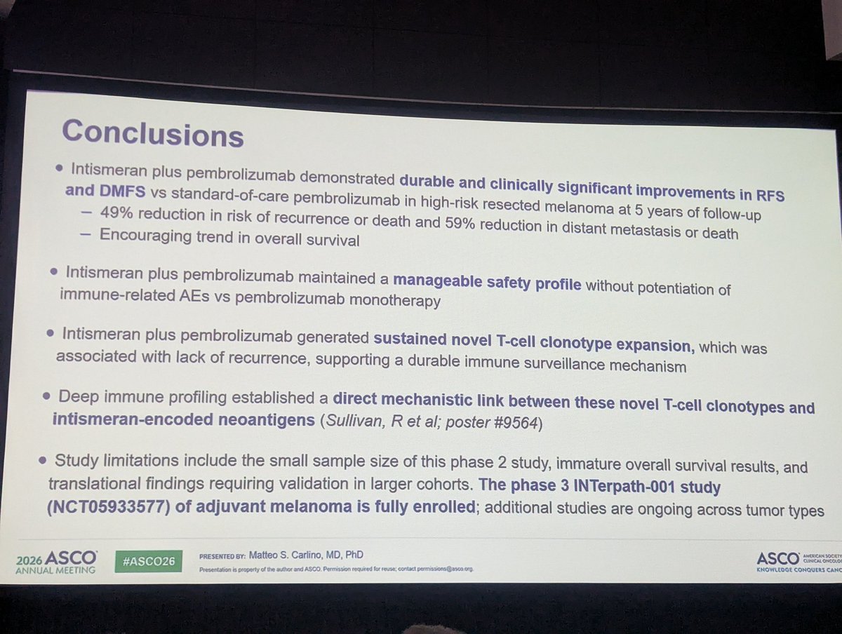 RonenStoff's tweet photo. Great start to the #melanoma abstract session with the 5 year updated results of the adjuvant pembro + personalized mRNA vaccine. Nice TCR recruitment data, though still no OS signal as seen in all adjuvant trials to date. Waiting for the phase 3 results. #ASCO2026 https://t.co/XvBD5o5yFw