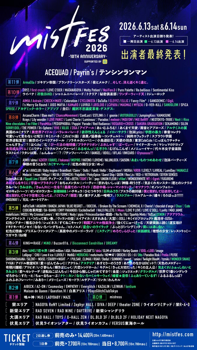 gce_rr's tweet photo. 🌹タイムテーブル公開🌹

『 mistFES2026 10th anniversary Supported by My-th』

🗓️日程：2026年6月13日(土)、6月14日(日)
⏰時間：開場 9:30 / 開演 10:00
 
6月13日(土)
📍会場：新栄シャングリラ
🎤ライブ：11:25-11:45

📍会場：DEEP
🎤ライブ：16:05-16:25

6月14日(日)
📍会場：DIVA
🎤ライブ：15:05-15:25

⚠️小見山沙空は別仕事のため両日休演となります。

🎟️チケット販売中
【2日通し券※前売のみ】
税込14,400円（2D代1200円含む）
【1日券】
前売 税込7,700円（1D代600円含む）

13日チケット＆2日間通し券はこちら↓
https://t.co/iaEIoo7csO

14日チケットはこちら↓
https://t.co/py963o1oLJ

#RedRadiance お目当て入場 後日発表