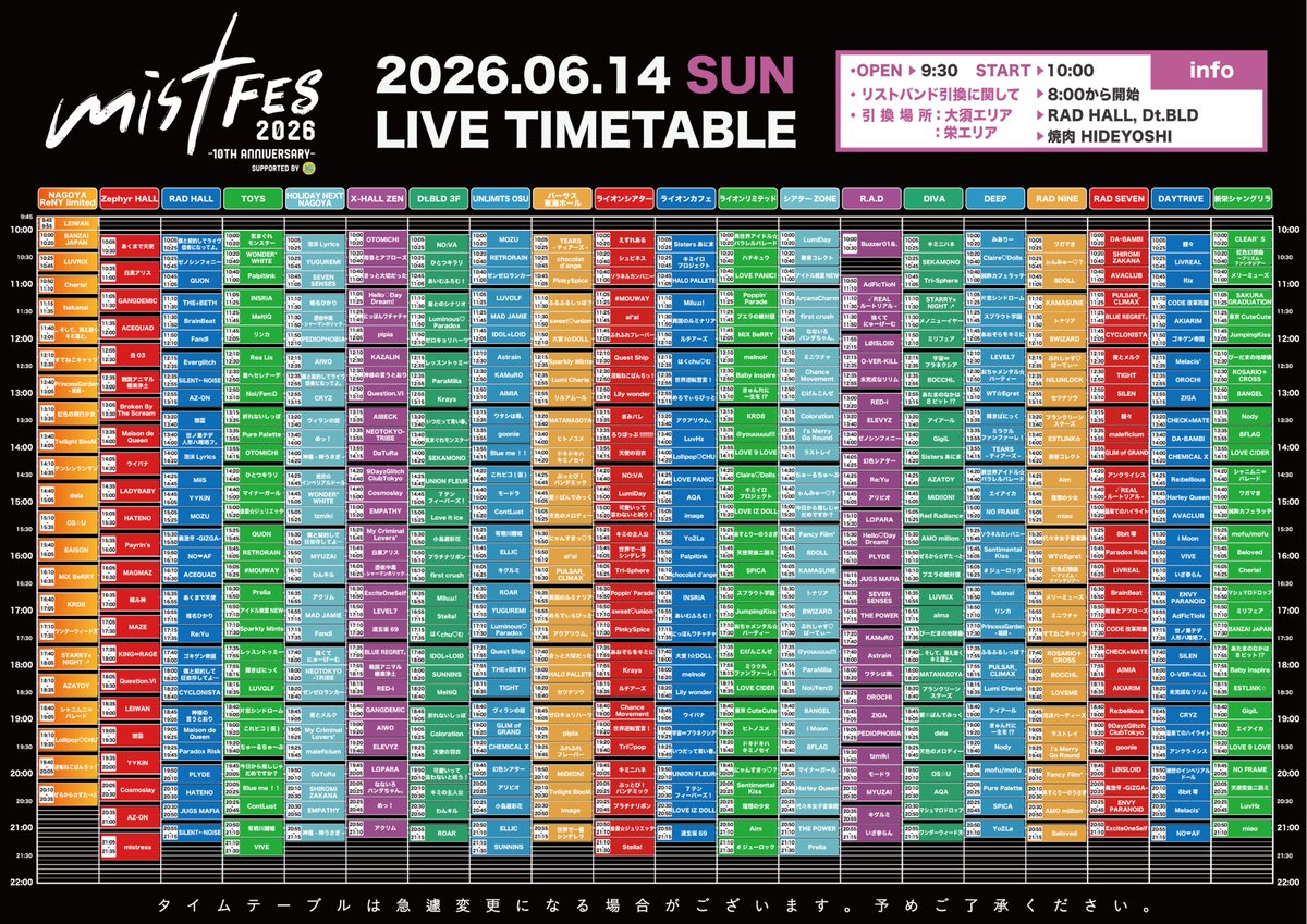 gce_rr's tweet photo. 🌹タイムテーブル公開🌹

『 mistFES2026 10th anniversary Supported by My-th』

🗓️日程：2026年6月13日(土)、6月14日(日)
⏰時間：開場 9:30 / 開演 10:00
 
6月13日(土)
📍会場：新栄シャングリラ
🎤ライブ：11:25-11:45

📍会場：DEEP
🎤ライブ：16:05-16:25

6月14日(日)
📍会場：DIVA
🎤ライブ：15:05-15:25

⚠️小見山沙空は別仕事のため両日休演となります。

🎟️チケット販売中
【2日通し券※前売のみ】
税込14,400円（2D代1200円含む）
【1日券】
前売 税込7,700円（1D代600円含む）

13日チケット＆2日間通し券はこちら↓
https://t.co/iaEIoo7csO

14日チケットはこちら↓
https://t.co/py963o1oLJ

#RedRadiance お目当て入場 後日発表