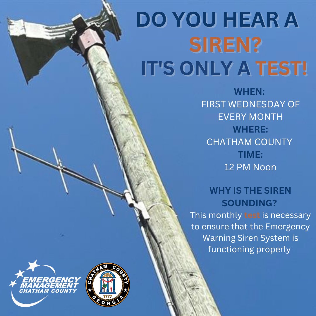 ChathamEMA's tweet photo. CEMA ALERT: On Wednesday, June 3, CEMA will conduct the monthly siren test. All County sirens will sound at 12 noon. This monthly test helps ensure that our warning sirens function properly. In the event of inclement weather, the siren test will be postponed until Friday, June 5. https://t.co/zU62c4DfJ0
