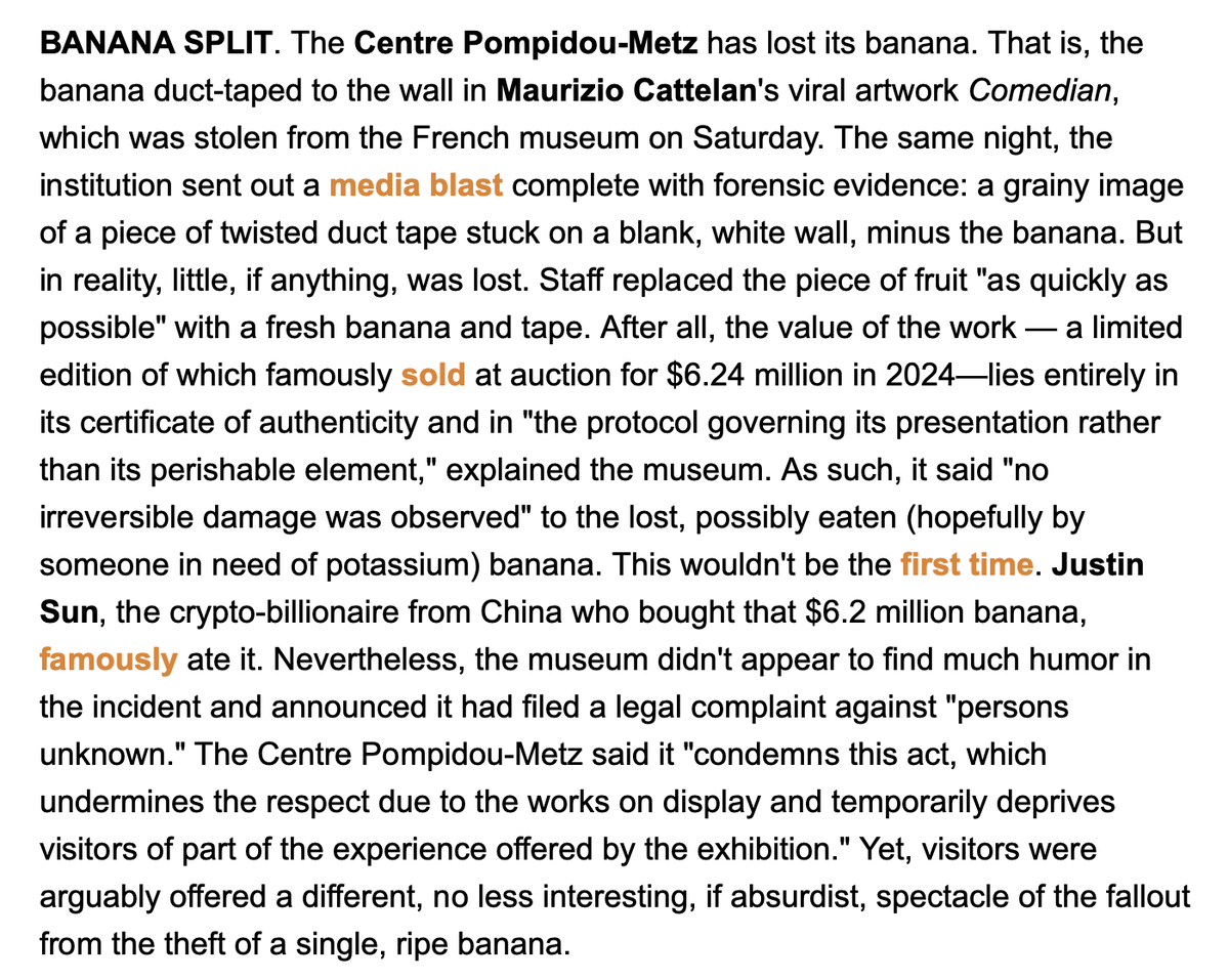 batsoupyum's tweet photo. The right-click-and-save equivalent of Cattelan's banana 🤣

This sounds familiar 😁: "the value of the work... lies entirely in its certificate of authenticity and in "the protocol governing its presentation rather than its perishable element," explained the museum." https://t.co/3UassXKJMm