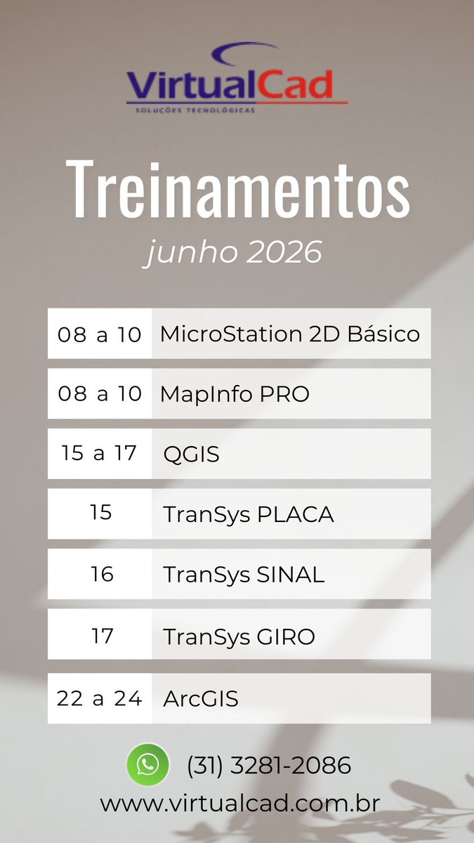 virtual_cad's tweet photo. Agenda de Treinamentos da Virtual CAD para o mês de Junho de 2026.
Veja toda a programação:
 https://t.co/eDYW0N54hs
 #treinamentos #virtual #cad #virtualcad #cursos #arcgis #qgis #mapinfo #microstation #bricscad #2d #3d #bim #transys https://t.co/zUTYFcTOV6