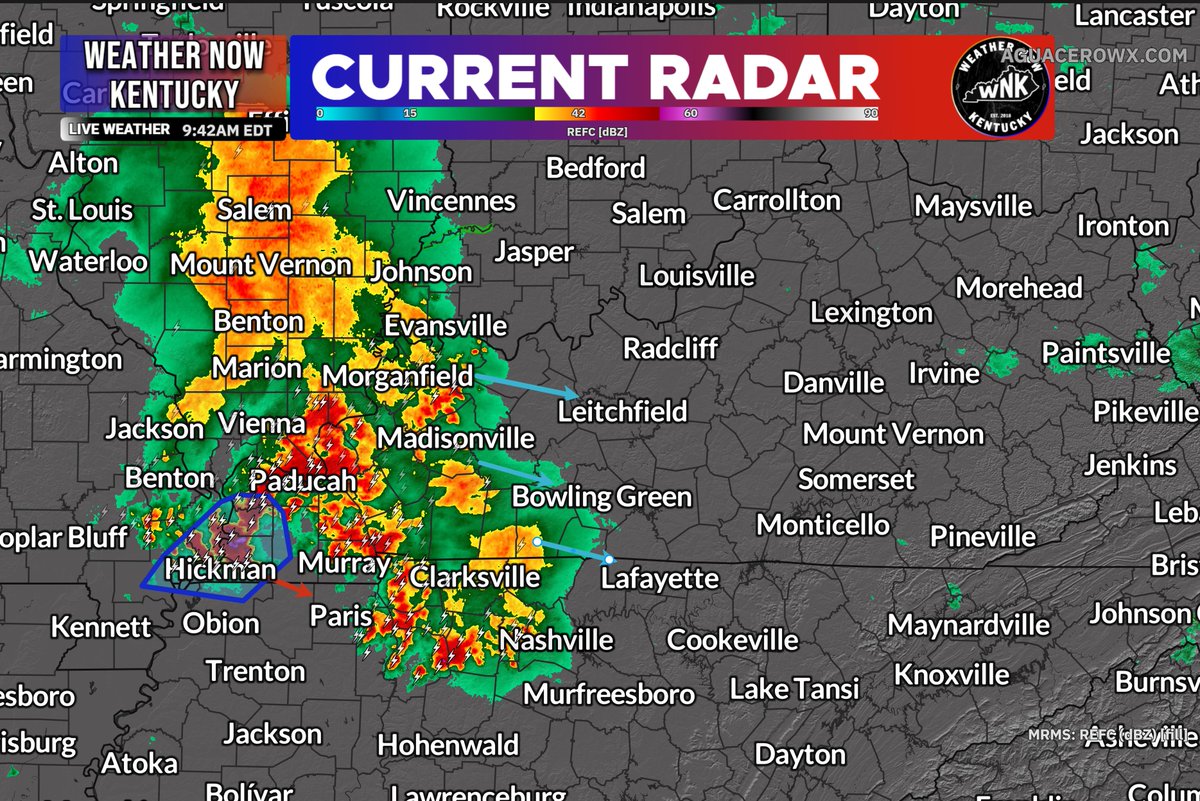 WeatherNowKY's tweet photo. 9:45am ET: Small Severe threat!
- An ongoing meso-convective system has fired a bit earlier than anticipated. Though this may be stronger to our South... the earlier fire time has limited this bad boys potential in Kentucky. Typically on these, the Western flank would be the area to watch. So we've highlighted the Hickman, KY portion, but no warnings are present.
- IF anything were to go warned for this, it would be isolated hail and wind potential.
- For now and for most of the Western half of Kentucky, this should remain as simple, but LOUD thunderstorms.
- This is NOT going to go into Eastern Kentucky, it will dive into TN, before then. - George