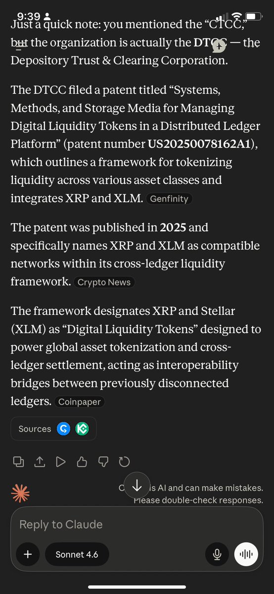 contentprograms's tweet photo. Asked Claude about the dtcc patent involving $xlm and $xrp. This is what I found out. 😃

I asked 2 questions:

1. When did the dtcc put #xlm and #xrp in a patent?

2. When do you anticipate they would begin using these resources?

(Be sure to read the last slide!!)

Follow for more and don’t forget to show some love by checking out my Clipduet app in the Apple AppStore! 😊