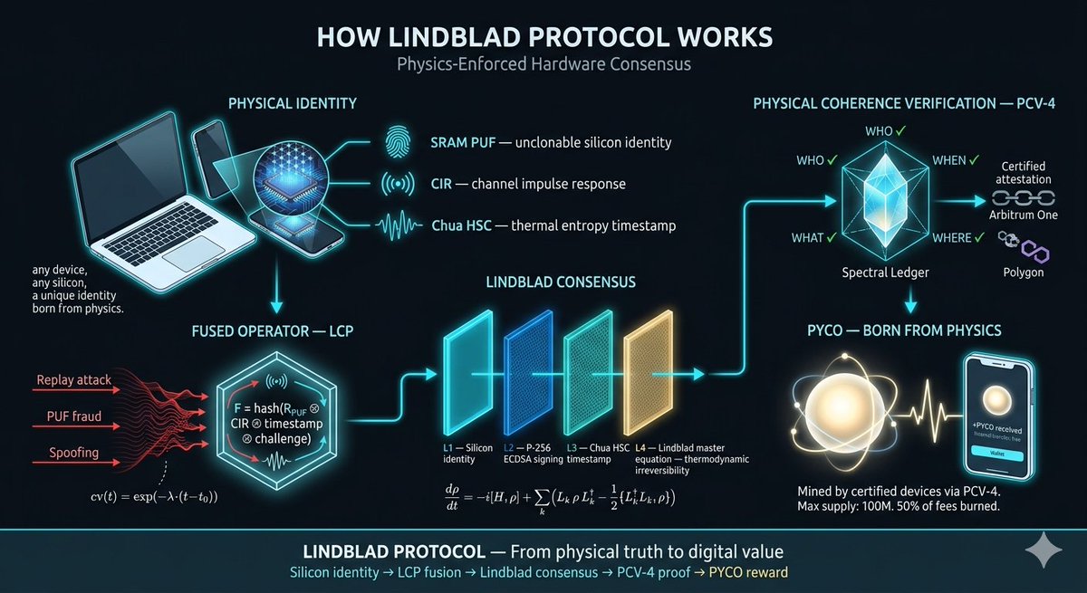 LindbladIO's tweet photo. Every device hides a secret in its silicon — quantum imperfections,  unique forever, impossible to clone. This is how Lindblad Protocol turns  physical truth into digital value:    1️⃣ PHYSICAL IDENTITY — Silicon fingerprint (SRAM PUF) + radio frequency  signature (CIR) + thermal entropy timestamp. Your identity lives in  hardware, not software.    2️⃣ FUSED OPERATOR — Three physical signals merge into one cryptographic  attestation. Replay attacks and spoofing decay into entropy before  touching the ledger.    3️⃣ LINDBLAD CONSENSUS — Four validation layers: silicon identity, ECDSA  signing, hardware timestamp, and thermodynamic irreversibility. State  transitions cannot be reversed.    4️⃣ PCV-4 VERIFICATION — The Spectral Ledger confirms WHO, WHAT, WHEN  and WHERE simultaneously. Certified attestation settles on Arbitrum One  and Polygon.    5️⃣ PYCO — BORN FROM PHYSICS — Value minted by certified devices, not  energy waste. Max supply: 100M. 50% of fees burned permanently.    The hardware decides. The physics guarantees. The chain records. ⚛️    🌐 https://t.co/jm0LguFjOF | https://t.co/18mWvtkQ68    #DePIN #PhyFi #LindblabProtocol #Arbitrum #Polygon