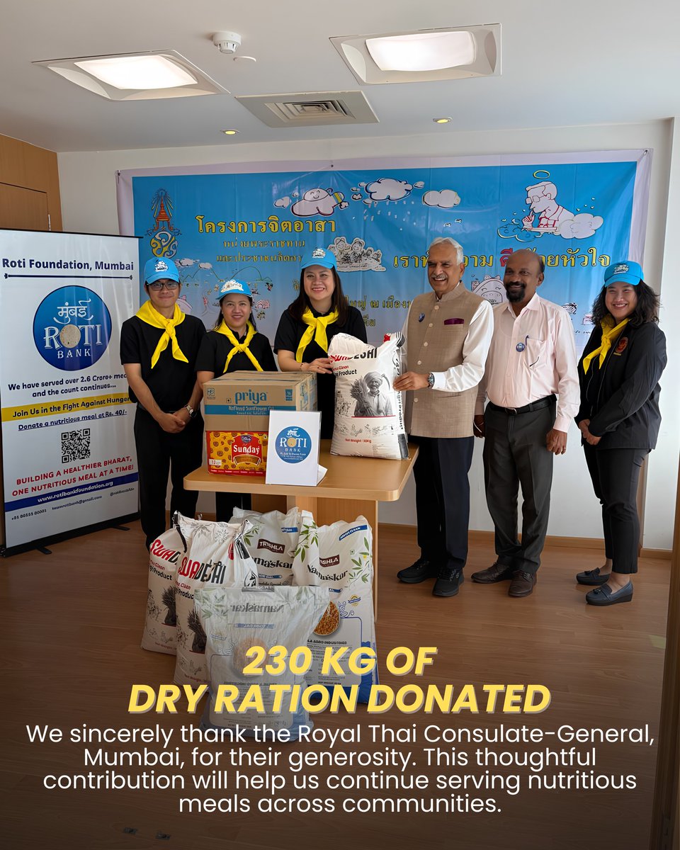 rotibankFdn's tweet photo. Thank you to the Royal Thai Consulate-General, Mumbai, for their generous support towards Mumbai Roti Bank's mission.

Our founder, Mr. D. Sivanandhan, and Mr. Jayandrath Tambe were honoured to be part of this meaningful initiative.

One purpose. Many hands. Shared hope. https://t.co/BHyzk65e5l
