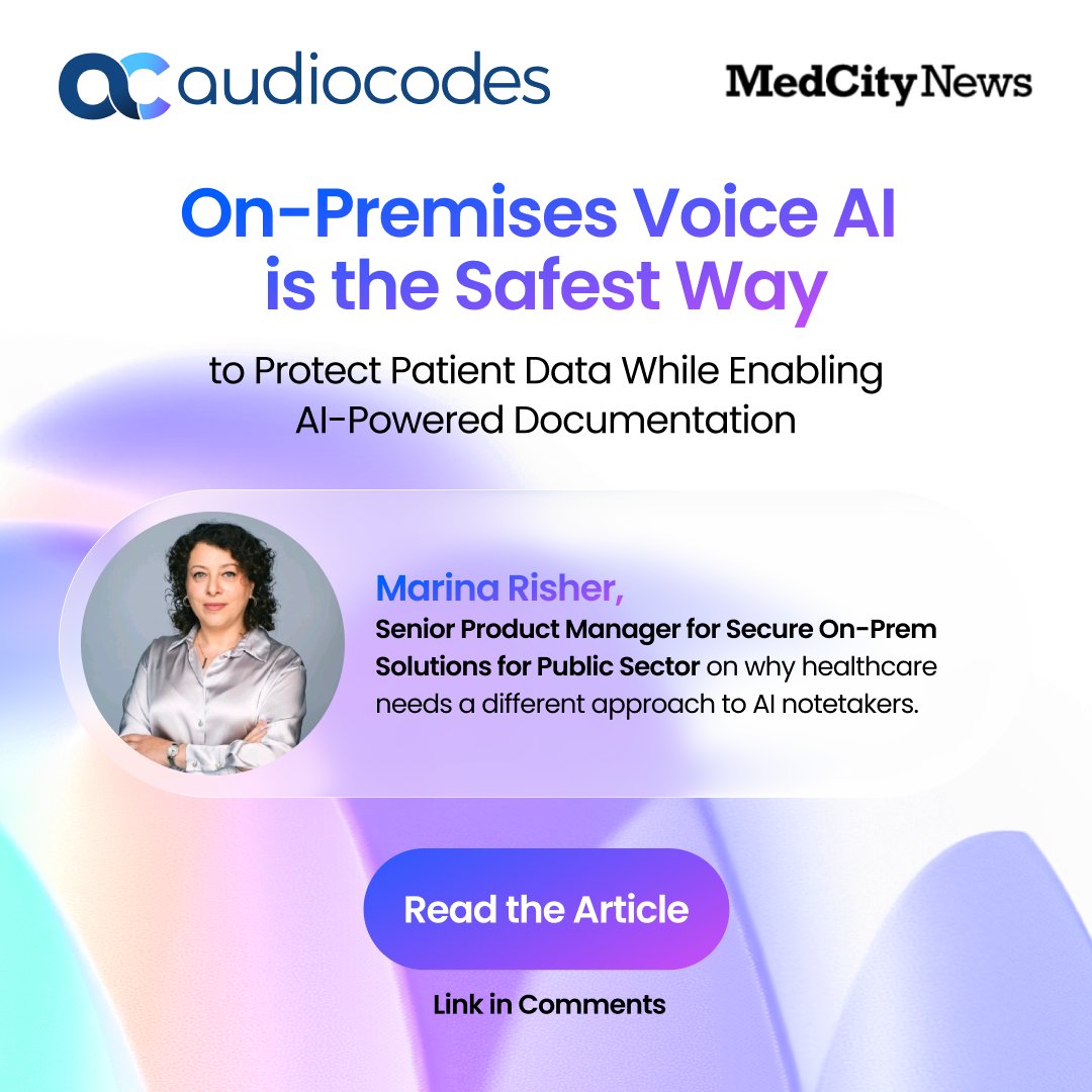 AudioCodes's tweet photo. In Healthcare, Critical Conversations Happen Every Hour of Every Day.

In staff meetings.
In care coordination sessions.
In case reviews.
In shift handoffs.
 
The challenge is not whether those conversations should be captured.
 
It’s how to capture them without treating patient data like ordinary workplace data.
 
In a new article for MedCity News, Marina Risher explains why standard cloud-based AI meeting tools often don’t work for healthcare environments, especially when protected health information, HIPAA requirements and legacy clinical systems are involved.
 
That’s where on-premises voice AI becomes especially important, helping organizations process, summarize and store conversations locally.
 
Check out the article to learn more >>> https://t.co/DFJNe7ox5d