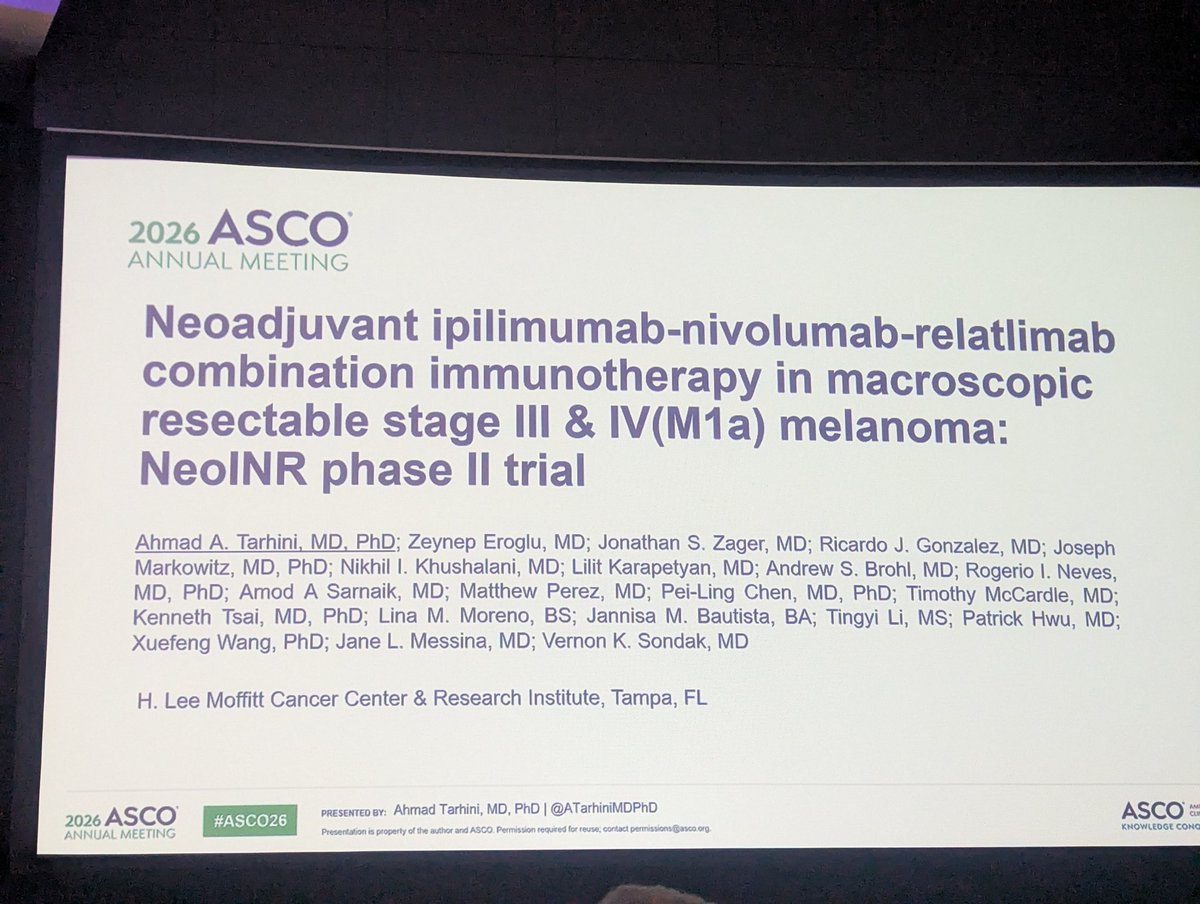 RonenStoff's tweet photo. Another great signal to add to our growing arsenal of options in the neoadjuvant setting. Combining nivo/rela with low dose ipi leads to 73% MPR, a great step in the right direction. Still need better predictive biomarkers to stratify dosing intensity in this setting #ASCO26 https://t.co/ERR8EeVkAo