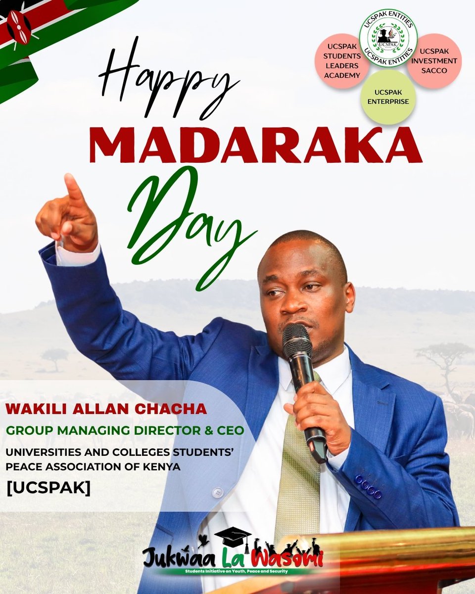 UcspakOfficial's tweet photo. Today, we celebrate the courage, resilience, and sacrifices of those who paved the way for our nation's self-governance and freedom. As young leaders, let us remain committed to building a peaceful, united, and prosperous Kenya for generations to come.
#JukwaaLaWasomi https://t.co/wWp8fK95g2