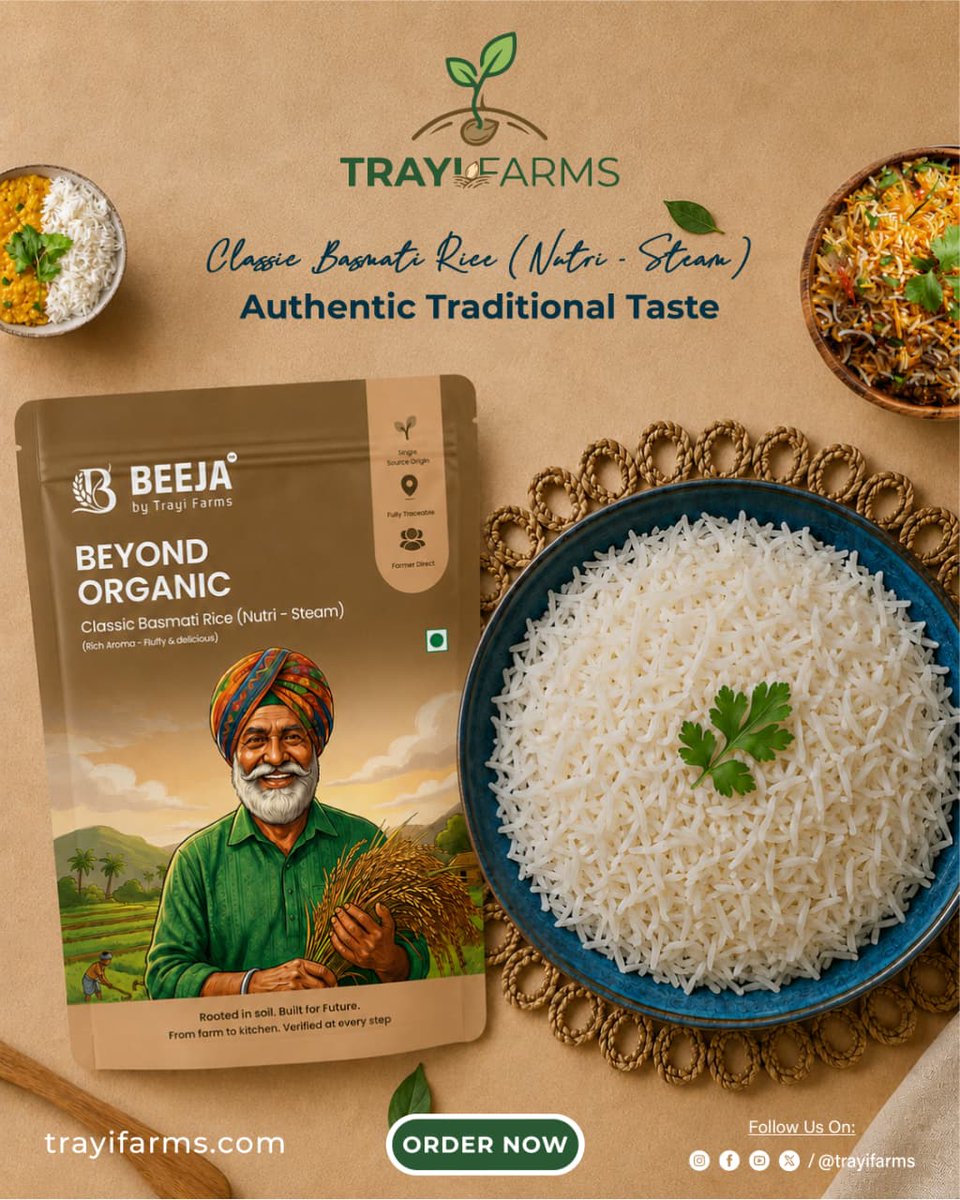 Trayi_Farms's tweet photo. Long grains. Rich aroma. Timeless taste. 🍚✨ Elevate every meal with Beeja Classic Basmati Rice (Nutri-Steam)—crafted for authentic flavour and perfect fluffiness.🍚🌾
 
🛒Shop now! 
➡️Link In Bio.

#BasmatiRice #ClassicBasmati #TrayiFarms #RiceLovers #HealthyFood #FarmToFork https://t.co/XSLzpnb7Nr