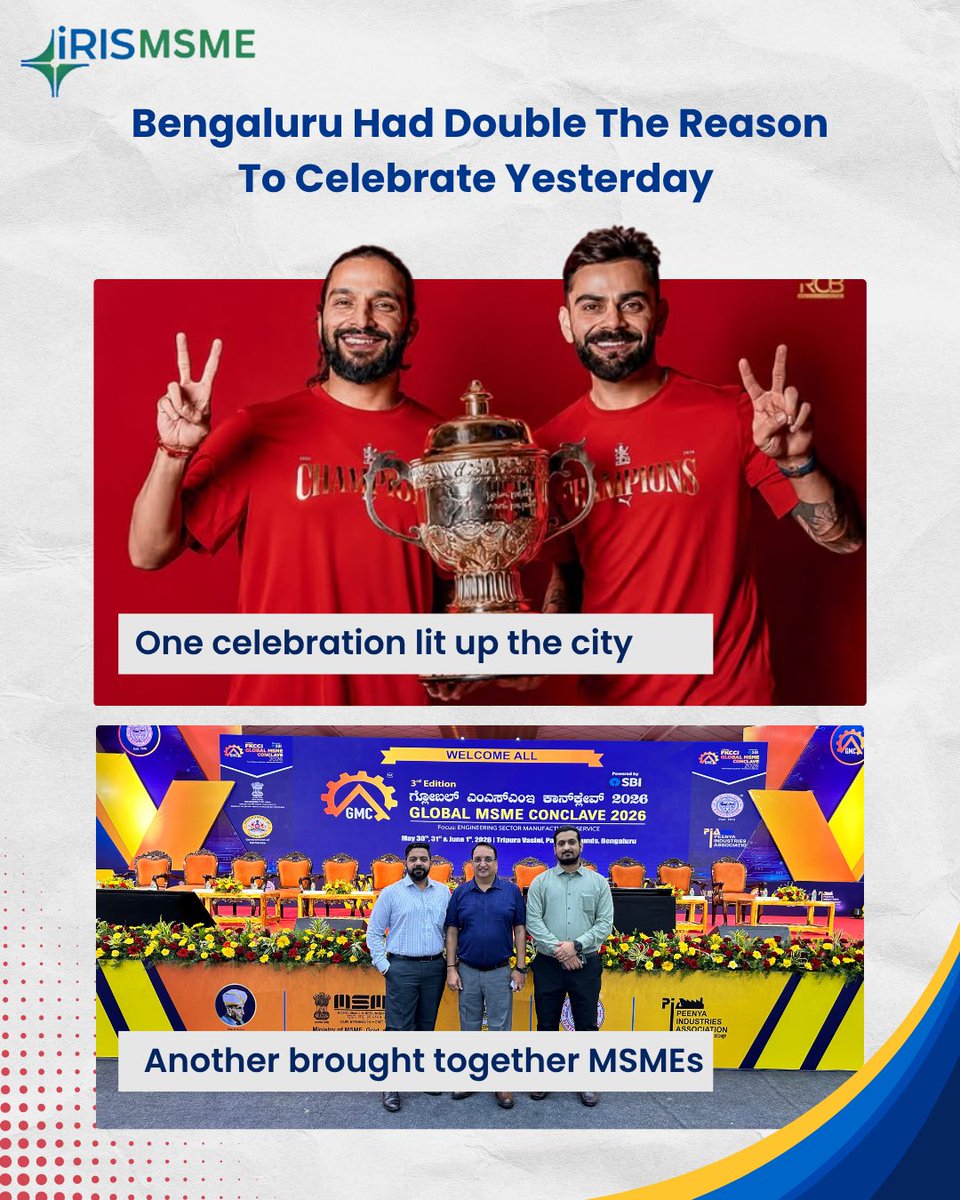 irismsme's tweet photo. Bengaluru had double the reason to celebrate yesterday. 🎉

While the city celebrated RCB’s historic win, Team IRIS Peridot was at the FKCCI Global MSME Conclave 2026, connecting with MSMEs and business leaders from across India.

PC : RCB/Instagram

#RCB #IPL2026 #IRISPeridot https://t.co/5jkK8asGho