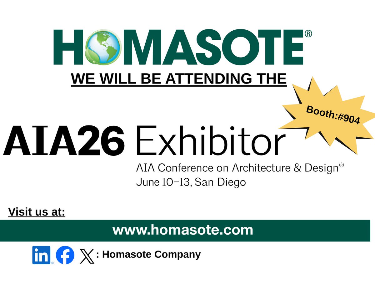HomasoteCompany's tweet photo. We’re heading to AIA26! 🎉

Visit us at Booth 904 in San Diego to learn more about our innovative building solutions, connect with our team, and see what’s next for the future of construction materials.
See you there!
#AIA26 #AIAConference #SanDiego #Architecture https://t.co/1JjPtScklF