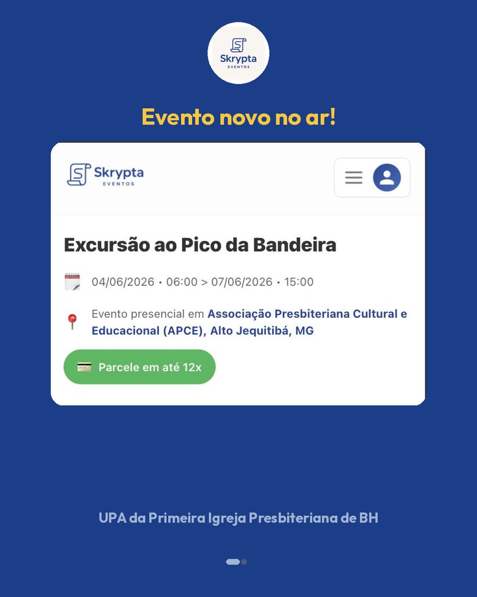 skryptaeventos's tweet photo. As inscrições para a Excursão ao Pico da Bandeira já estão abertas!

Promovida pela UPA da Primeira Igreja Presbiteriana de BH, esta será uma oportunidade especial para unir aventura e crescimento espiritual em meio à criação de Deus.

📅 4 a 7 de junho de 2026

#SkryptaEventos https://t.co/ixV8AtGljl